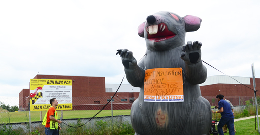 Protesters erected a large inflatable rat outside Dundalk High School at Thursday's demonstration (Photo by Roland Dorsey)