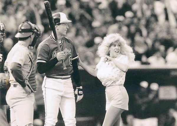 Morganna Rose Roberts, also known as "the kissing bandit," is shown kissing Cal Ripkin, Jr. at home plate in 1988 (Gene SWeeney, Jr. Baltimore