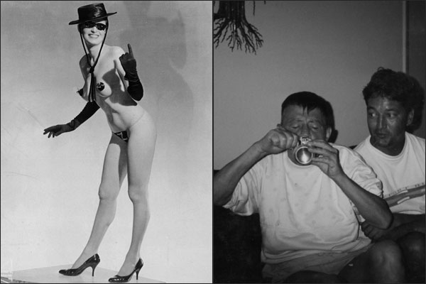 Above, left, "Lady Zorro" during her Baltimore stripping days in the 1960s; right, Zorro, smoking from an aluminum can, later in life. (from ROLE MODELS by John Waters) 